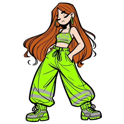 girl in baggy pants crop top and long hair