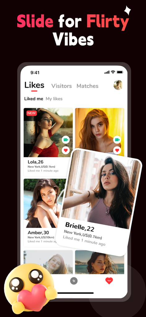 Adult Flirt Meetup App - XDate - Interfaz de la aplicación XDate que muestra coincidencias de perfiles locales en Nueva York con una lista de personas a las que les gustó el usuario.