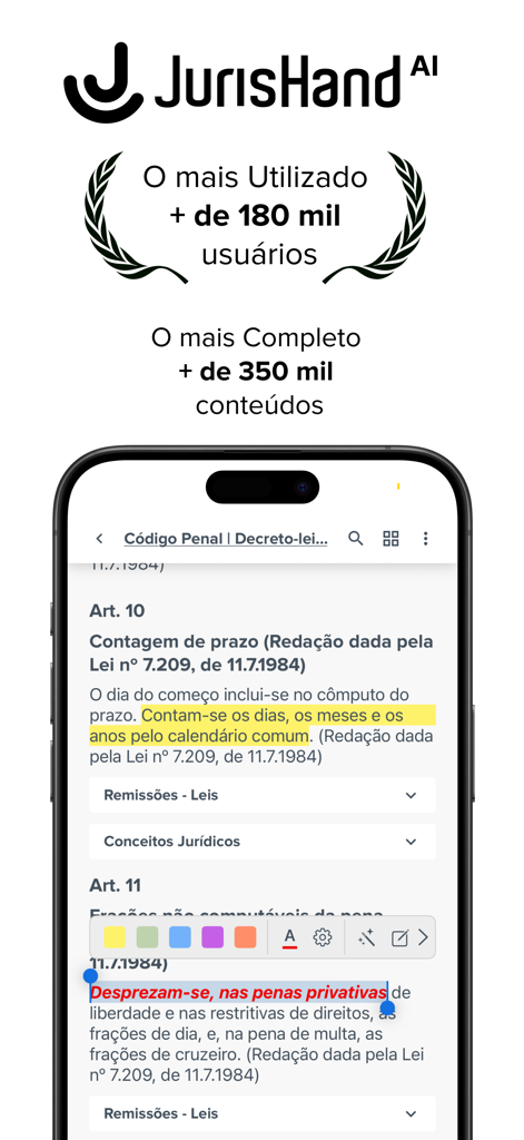 Vade Mecum 2026: JurisHand AI - JurisHand AI app displaying Brazilian legal text with highlighting and annotation tools