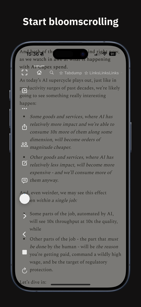 Captura de pantalla de la aplicación Subset Network que muestra el modo de feed Bloomscrolling con una superposición HUD en un artículo de investigación sobre IA