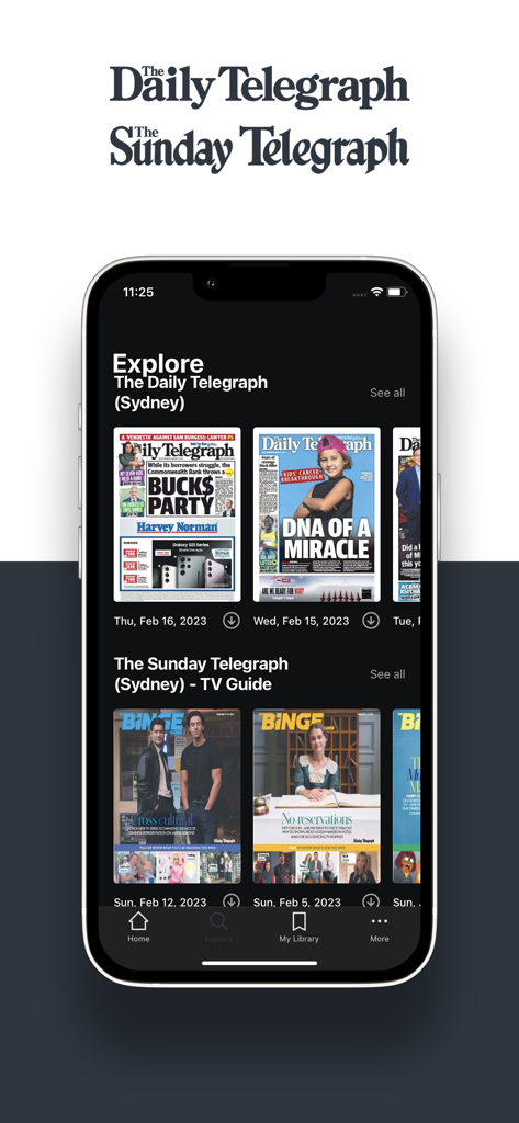 The Telegraph e-paper - The Telegraph e-paper app interface showing the explore section with digital newspaper and magazine covers.