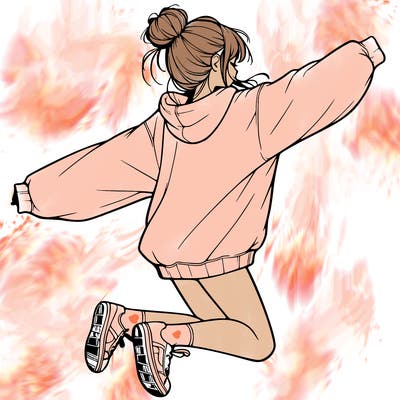 realistic girl jumping with a bun and oversized sweatshirt