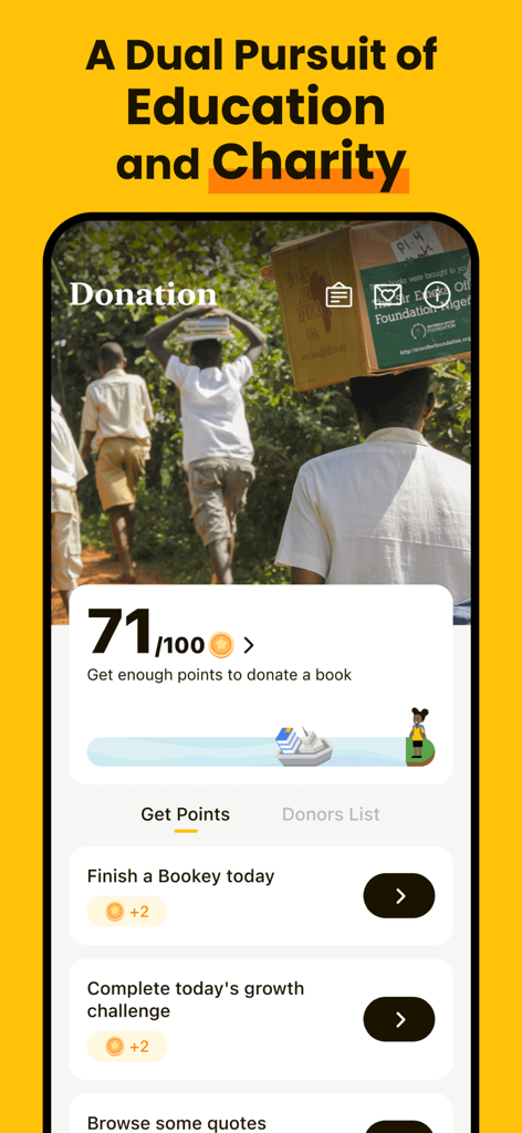 Bookey: Book Ideas for Growth - Bookey app interface showing progress towards a book donation for charity through reading points