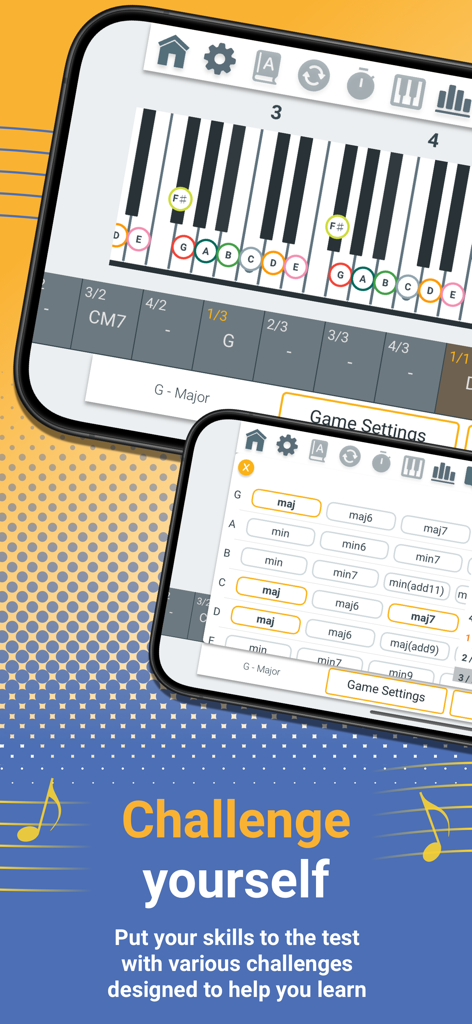 Interface de um aplicativo móvel mostrando desafios de rotulagem de notas de piano e seleção de acordes para aprender teoria musical