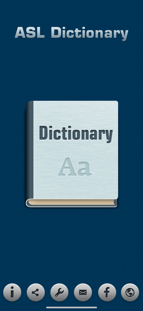 ASL Dictionary - Main screen of the ASL Dictionary app with a dictionary book icon and navigation menu.