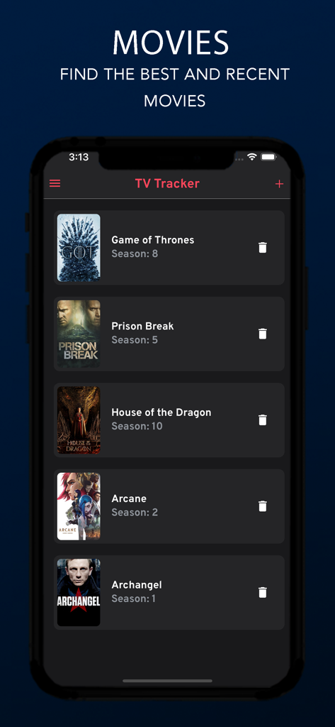 Egybest - Interface d'application mobile montrant une liste de séries télévisées suivies, y compris Game of Thrones et Arcane.