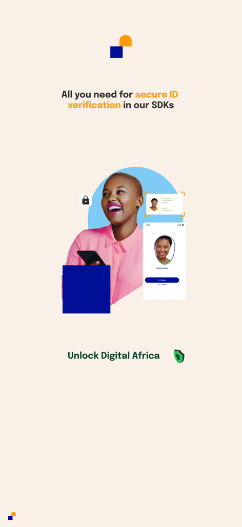Smile ID - Smile ID App Werbebildschirm, der sichere ID-Verifizierungs-SDKs für Afrika hervorhebt