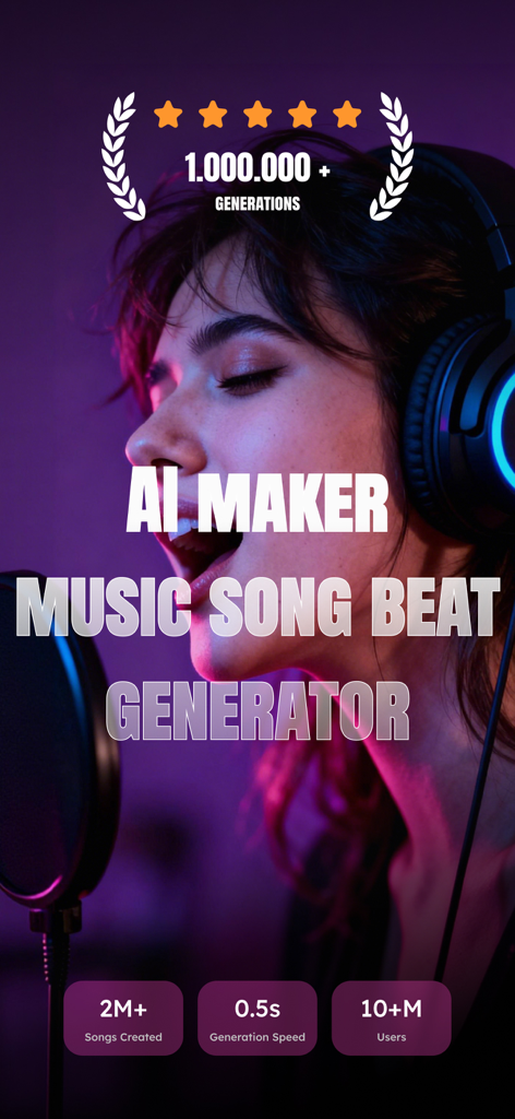 Music Maker AI Songs: InsMelo - Captura de pantalla de la aplicación InsMelo que muestra un generador de música IA con un cantante en un estudio y estadísticas de la aplicación