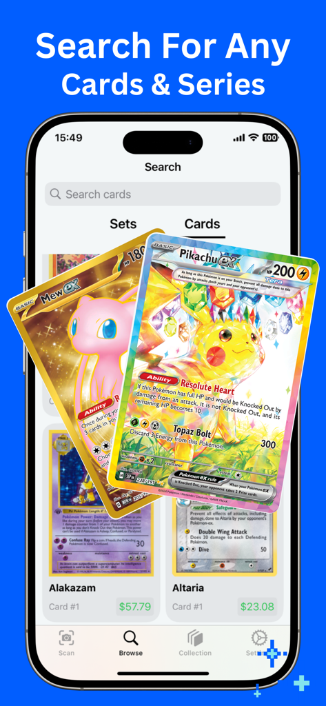 TCG Scan - Pokemon Card Prices - Smartphone screen showing the TCG Scan app search feature with Pikachu and Mew cards displayed alongside market prices