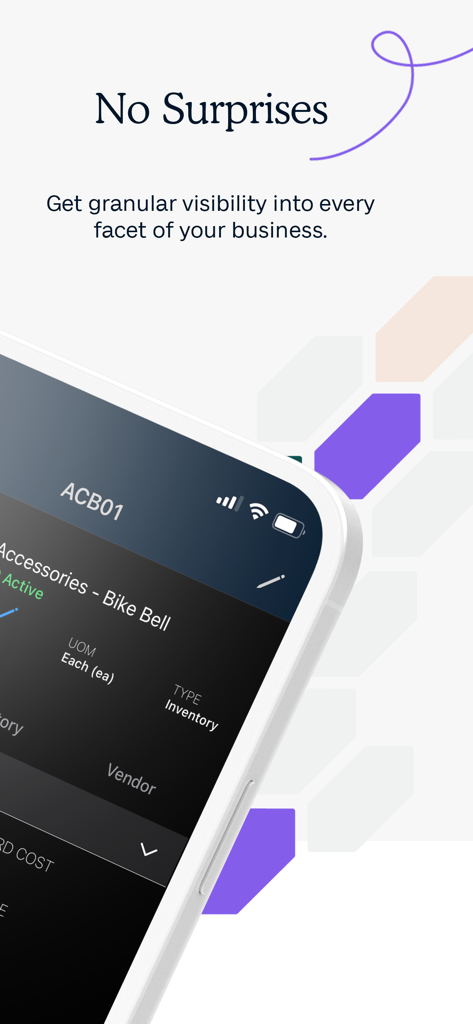 Smartphone screen displaying Fishbowl Advanced inventory tracking with bike bell stock details