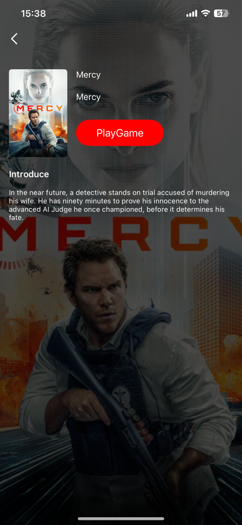 PlayShots - Movie details page for the film Mercy in the PlayShots app with a PlayGame button and synopsis.