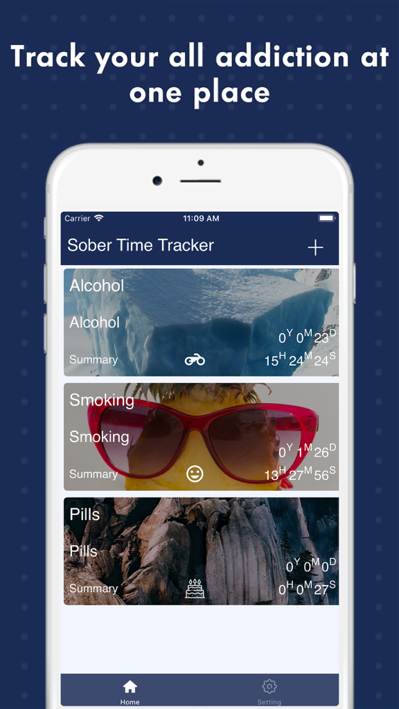 Sober Tracker – Quit Addiction - Sober Tracker app screen showing individual time counters for alcohol smoking and pills