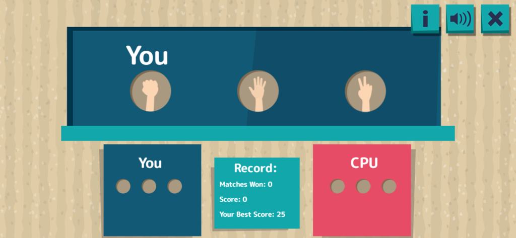 Rock Paper Scissors CTL - Tela de jogo do Pedra, Papel, Tesoura mobile mostrando as opções do jogador para pedra, papel e tesoura contra um oponente de CPU.