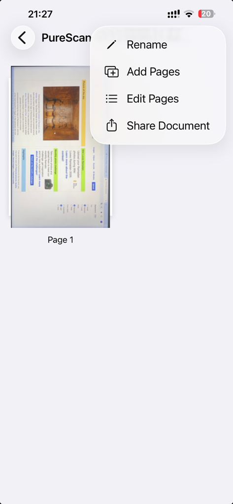 PureScan: Document Scanner - Interfaccia dell'app PureScan che mostra un documento scansionato con un menu per rinominare, aggiungere pagine, modificare e condividere