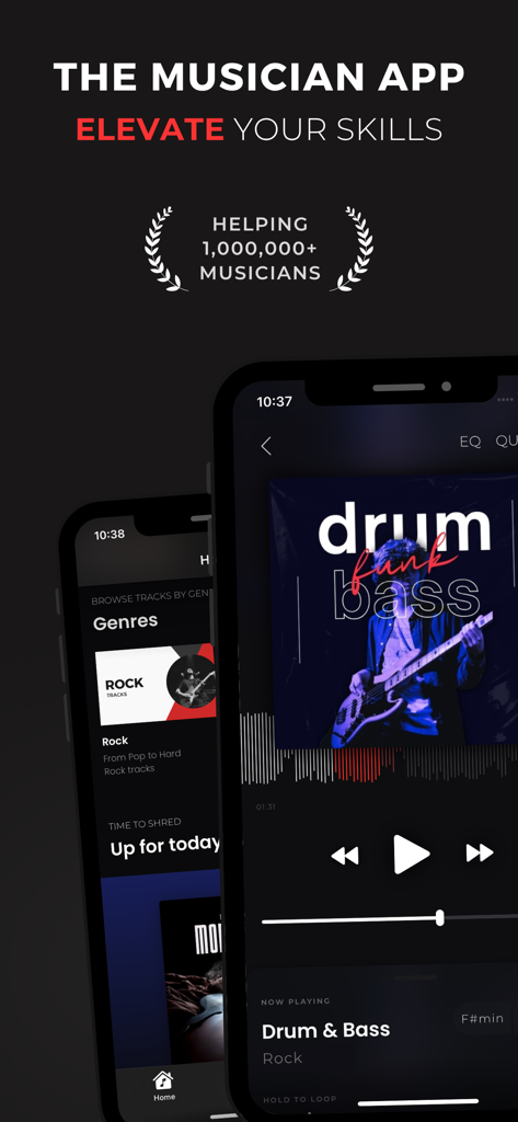 Interfaz de la aplicación Backtrackit que muestra un reproductor de música para pistas de acompañamiento y un menú de géneros musicales para practicar.