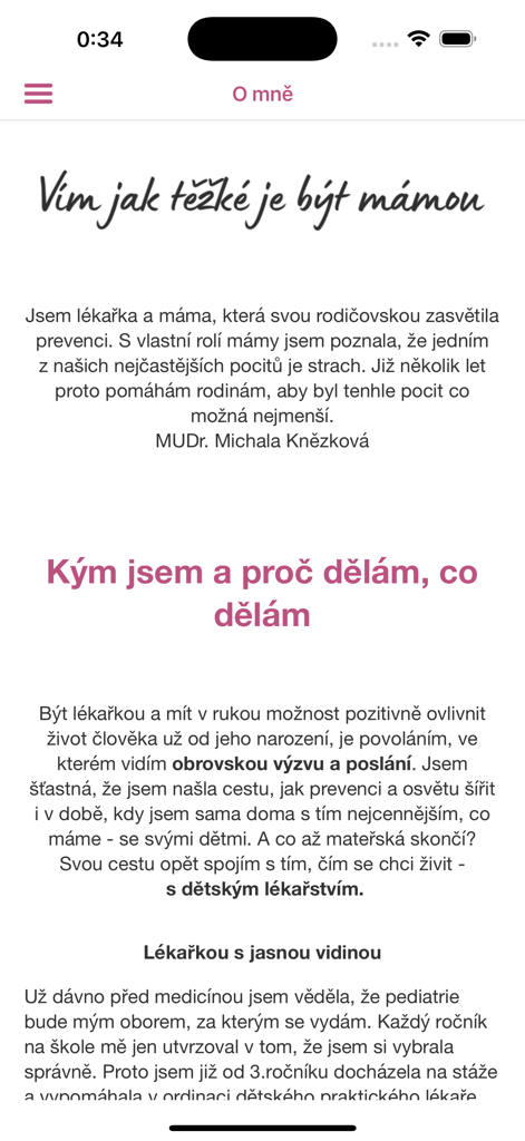 Supermáma - About me screen in the Supermama app featuring information about the pediatrician creator