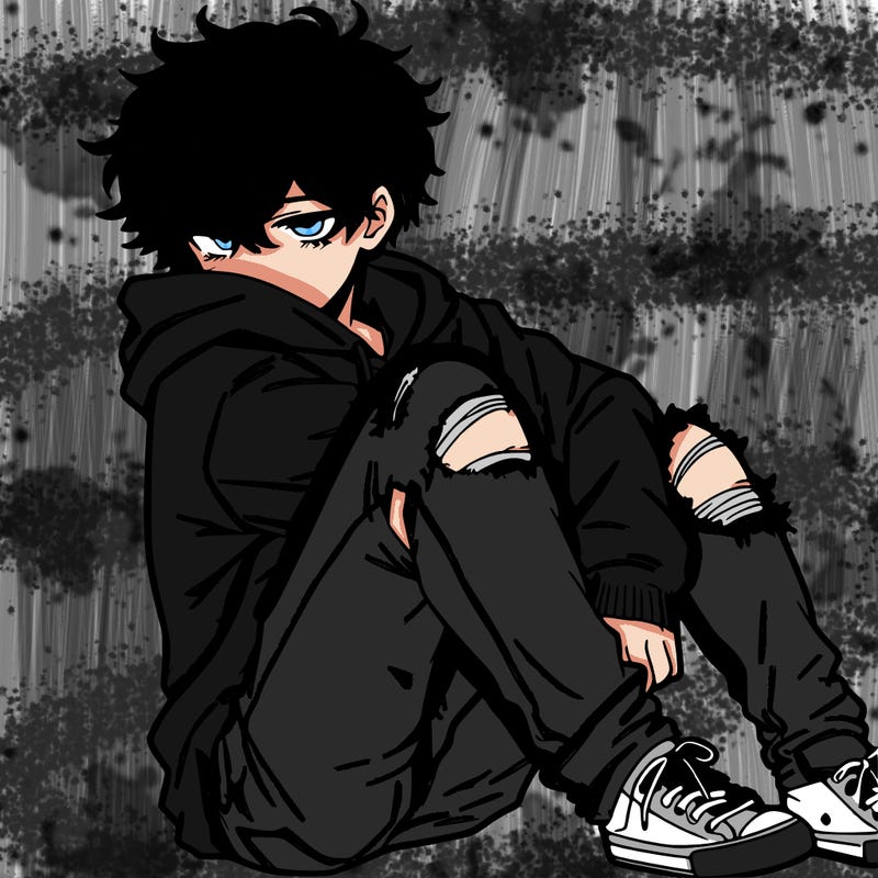 a male hoddie ripped jeans messy hair anime