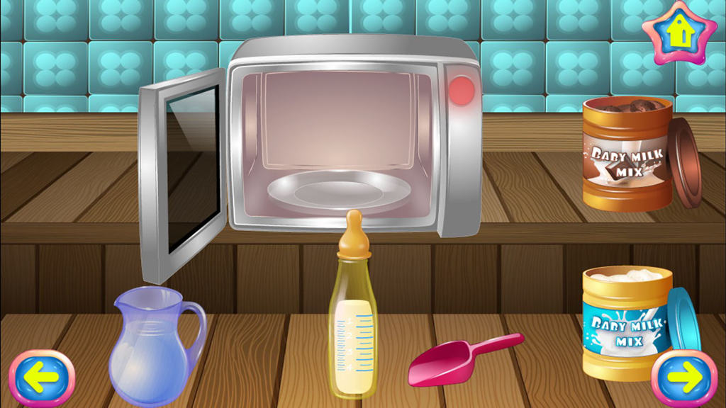Baby Nursery Fun - Kids Games for Girls and Boys - Interactive nursery game screen showing a microwave and ingredients to prepare a baby bottle