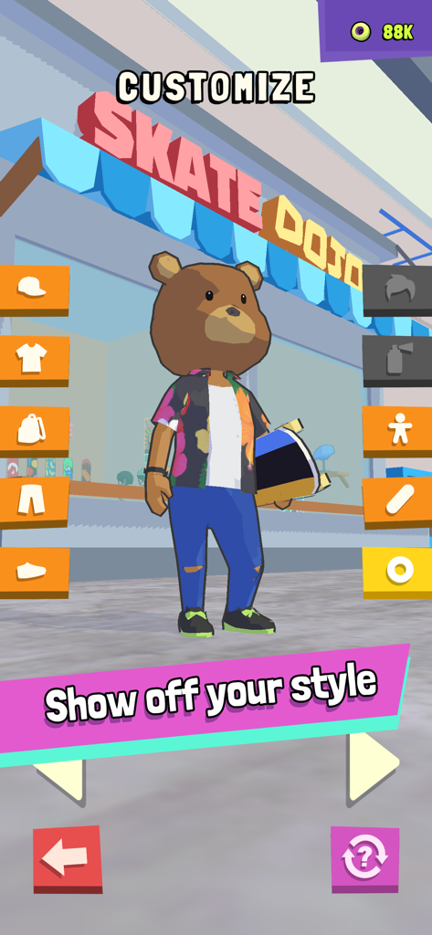 Perfect Grind - Tela de personalização de personagem no Perfect Grind mostrando um skatista com cabeça de urso e várias opções de vestuário.