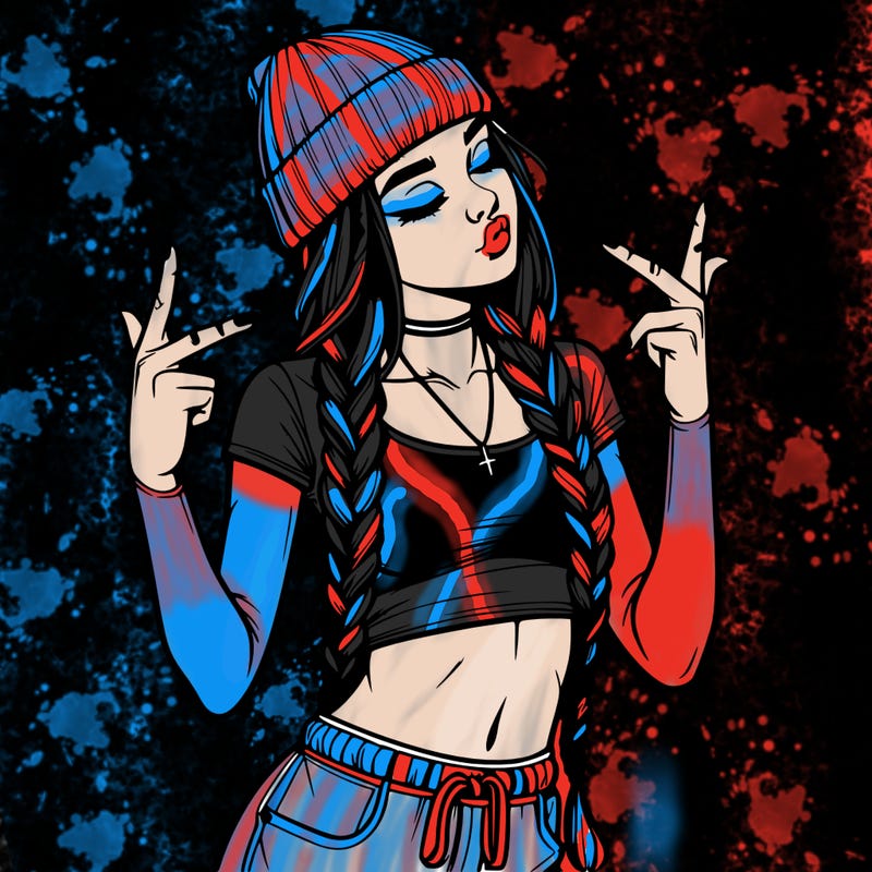 realistic teenage girl with braids and a beanie and crop top doing 🫶🏼