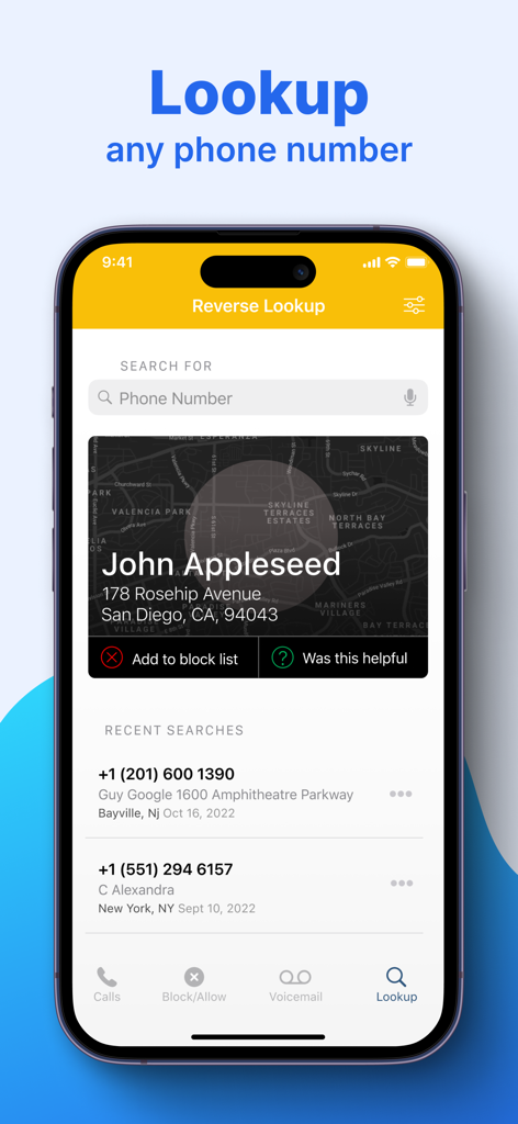 TrapCall app screenshot displaying the reverse phone number lookup feature with caller name and address details.