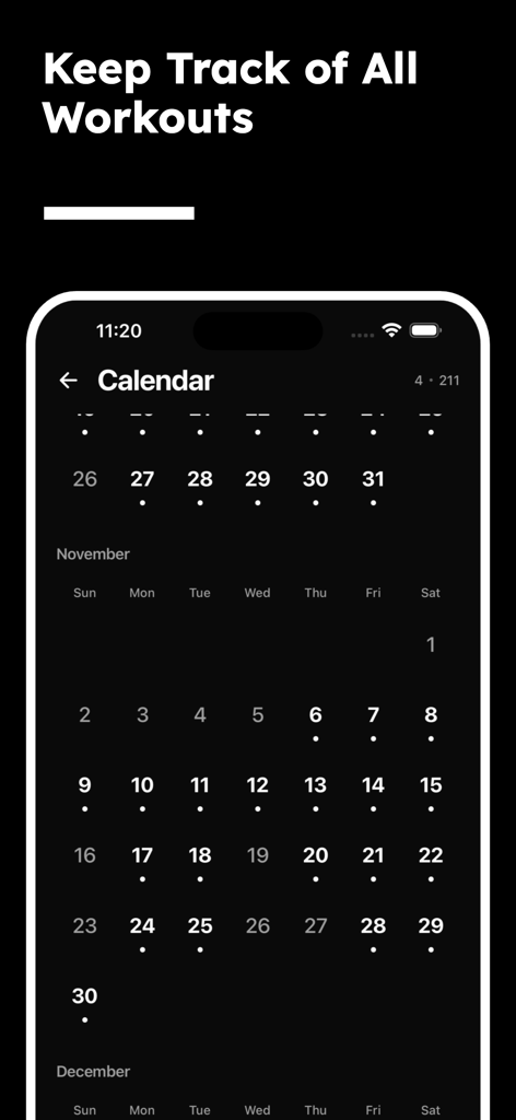 A screenshot of the Lift Card app showing a monthly calendar interface for tracking workout history and consistency.