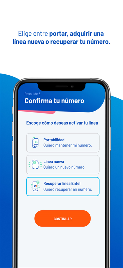Activa tu chip Entel - Interfaz de la aplicación de activación de chip Entel que muestra opciones para portabilidad, obtener una nueva línea o recuperar un número