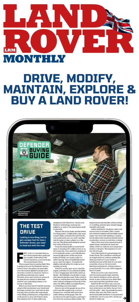 Land Rover Monthly - Land Rover MonthlyアプリにDefenderの購入ガイドと試乗記事が表示されています。