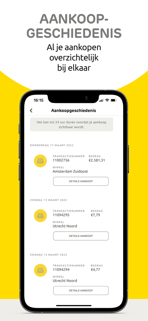 Praxis - A smartphone screen displaying the Praxis app purchase history showing transaction numbers and store locations
