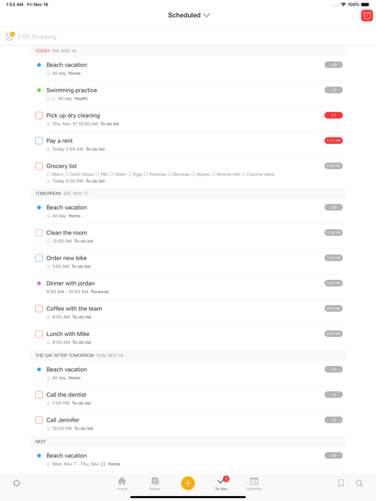 Awesome Note 2 iPad interface showing a list of scheduled tasks and to-do items organized by date.