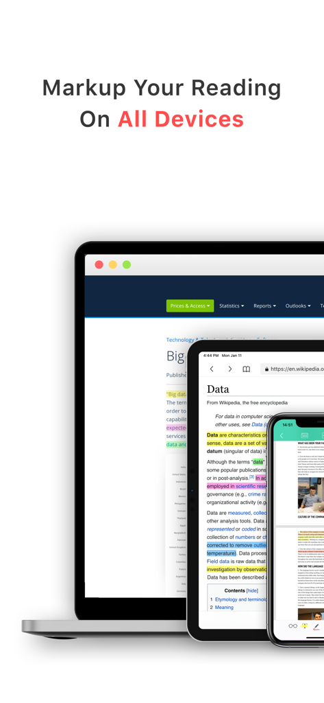 Markup Ultimate - Laptop, tablet e smartphone che mostrano l'interfaccia dell'app Markup Ultimate con testo evidenziato su tutti i dispositivi.