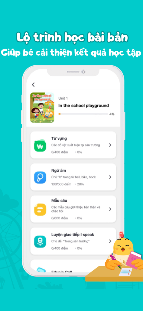 Interfaz de la aplicación móvil Edupia Kid que muestra un camino de aprendizaje de inglés estructurado con módulos de vocabulario, fonética y patrones de oraciones.