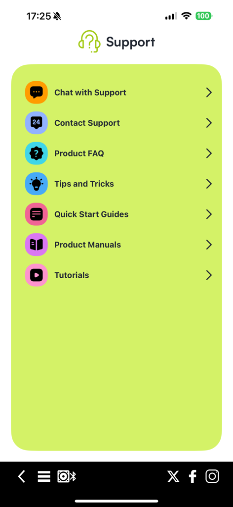 Altec Lansing Just Listen app support menu featuring chat FAQs and product manuals