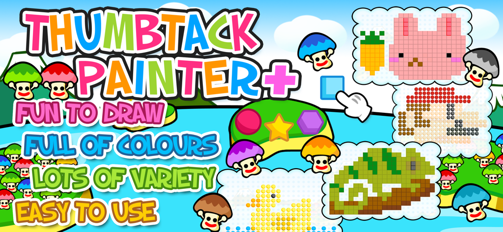 Thumbtack Painter Plus - Banner de la aplicación creativa Thumbtack Painter Plus con diseños de pixel art coloridos y personajes de hongos de dibujos animados