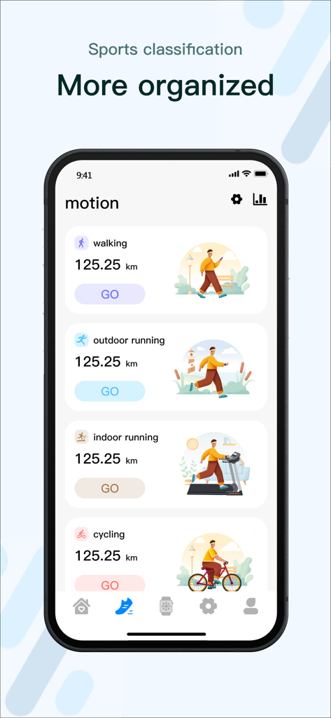 M2 Wear - M2 Wear app interface displaying sports tracking categories for walking running and cycling