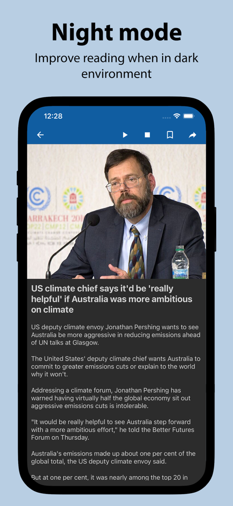 Night mode interface of the All the News Canada app for comfortable reading in dark environments.