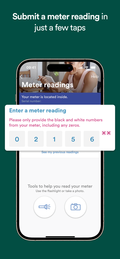 United Utilities: Your Water - United Utilities app interface for submitting a water meter reading with flashlight and camera support