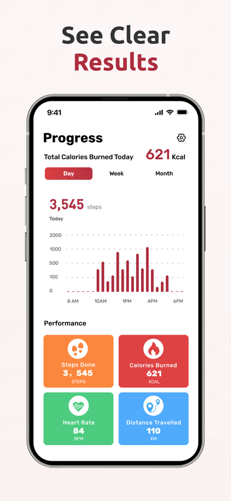 Walking Weight Loss: Walk Pal - Walk Pal app dashboard displaying daily step count, calories burned, heart rate, and distance traveled results.