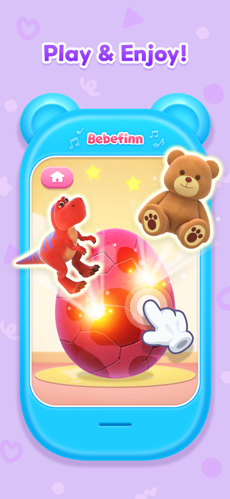 Minijuego de huevo sorpresa de la aplicación Bebefinn Play Phone con juguetes de dinosaurios y ositos de peluche.