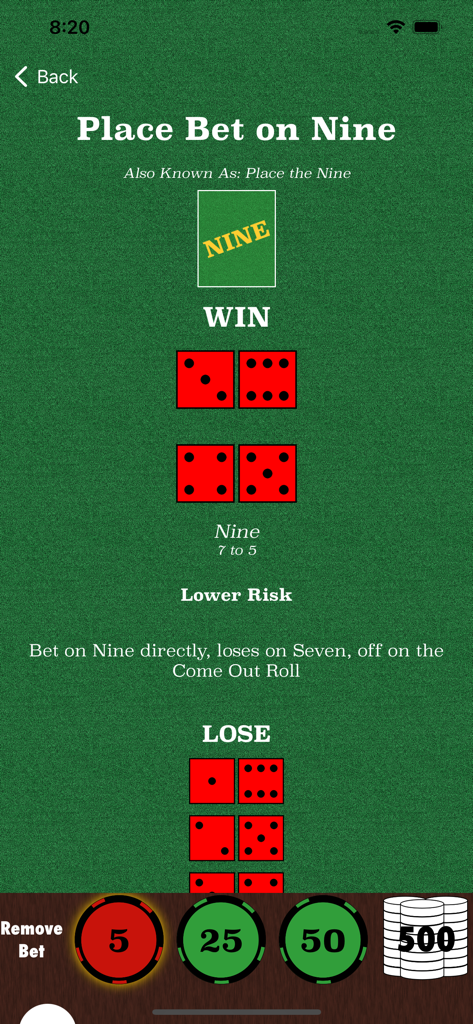 Learn Craps - Educational screen from the Learn Craps app explaining the Place Bet on Nine with winning dice combinations and payout odds