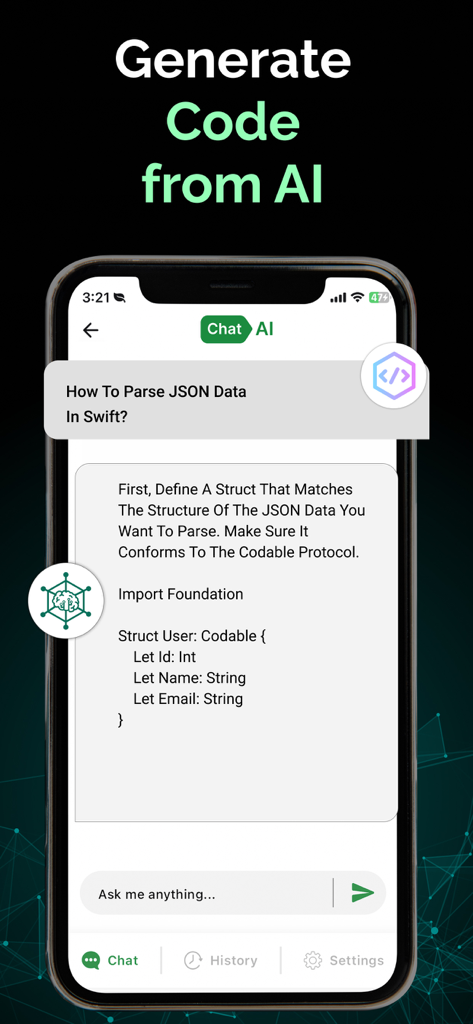 AI Chat: Smart AI Assistant - AI Chat app interface displaying Swift code generation for JSON parsing