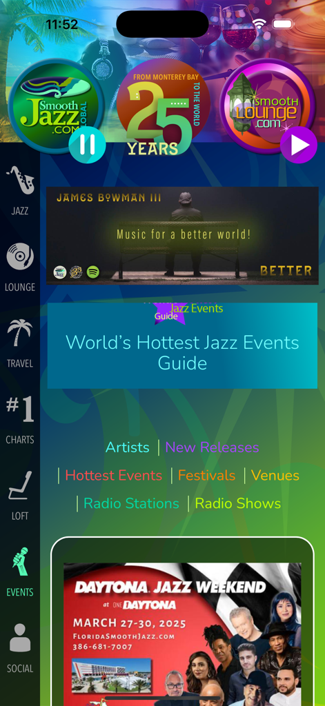 Smooth Global - Smooth Global app dashboard featuring jazz radio channels and the world events guide.