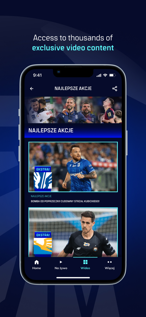 Ekstraklasa TV mobile app screen displaying soccer highlights and exclusive video content