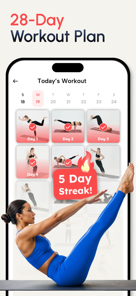 Fit Path: Workout for Women - Interface of the Fit Path app showing a 28 day workout plan for women with a 5 day streak badge