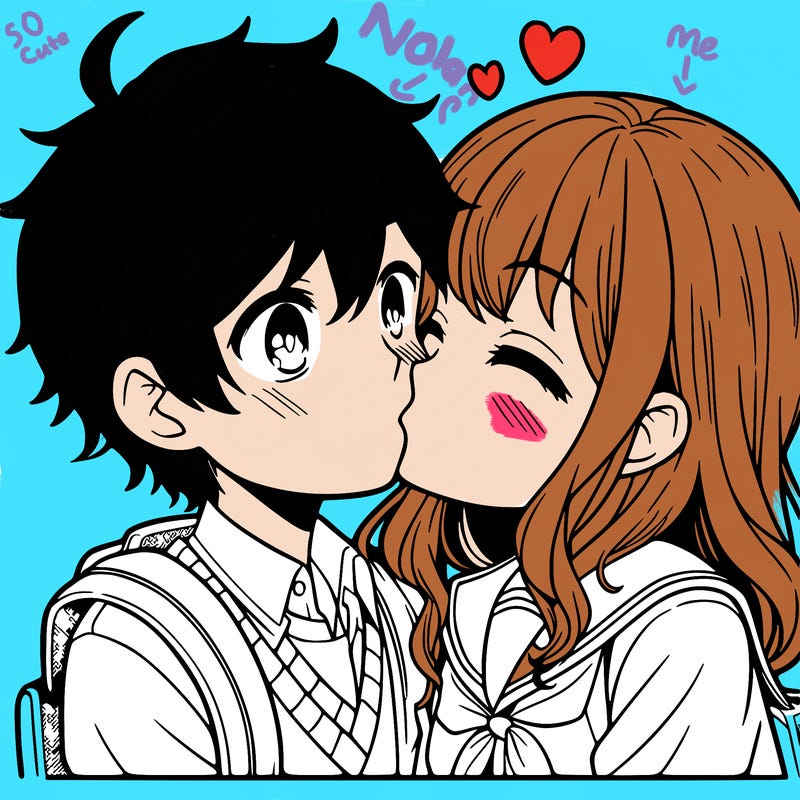 a boy and a girl kissing anime