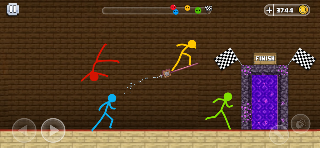 Stickman Parkour Race & Jump - Colorful stickmen racing through a blocky craft world toward a finish line portal.
