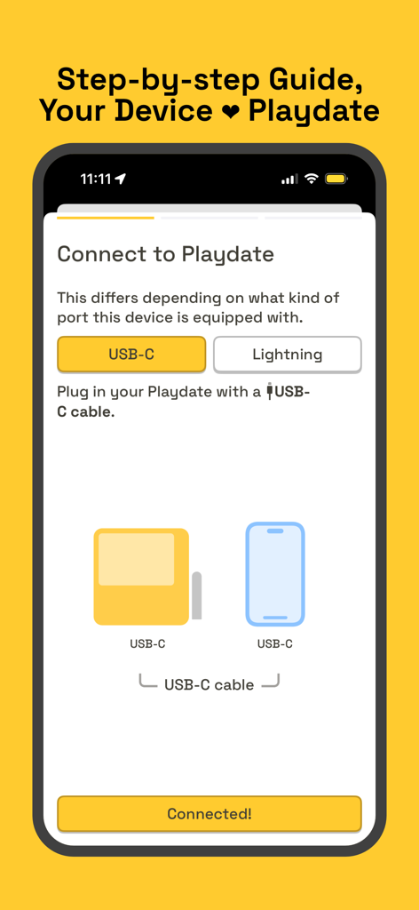 Playmate - Playdate Companion - Step by step guide for connecting a Playdate console to an iPhone using a USB-C cable