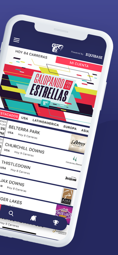 GRTV mobile app showing a list of daily horse races and racetracks in Spanish