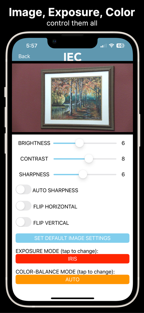 PTZControl Pro 2 by PTZOptics™ - Interface of PTZControl Pro 2 showing camera image adjustment settings like brightness contrast and sharpness