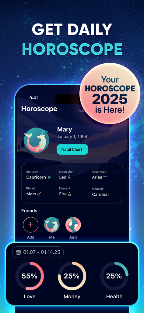Interfaccia di un'app mobile che mostra un oroscopo personalizzato per il 2025 con segni solari, lunari e ascendenti, oltre a punteggi giornalieri per amore, denaro e salute.